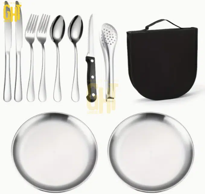 Set de Repas Extérieur 10 Pièces – Assiettes & Couverts avec Sac de Transport