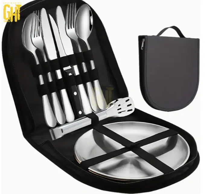Set de Repas Extérieur 10 Pièces – Assiettes & Couverts avec Sac de Transport