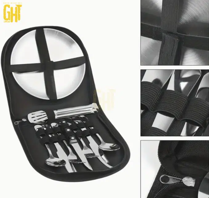 Set de Repas Extérieur 10 Pièces – Assiettes & Couverts avec Sac de Transport