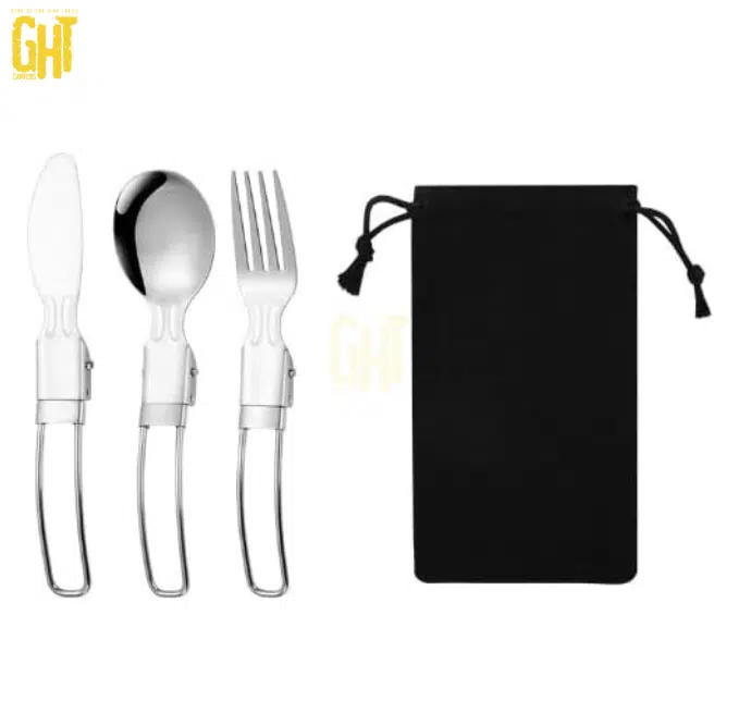 Set de Couverts Pliables Camping – 3 Pièces avec Pochette