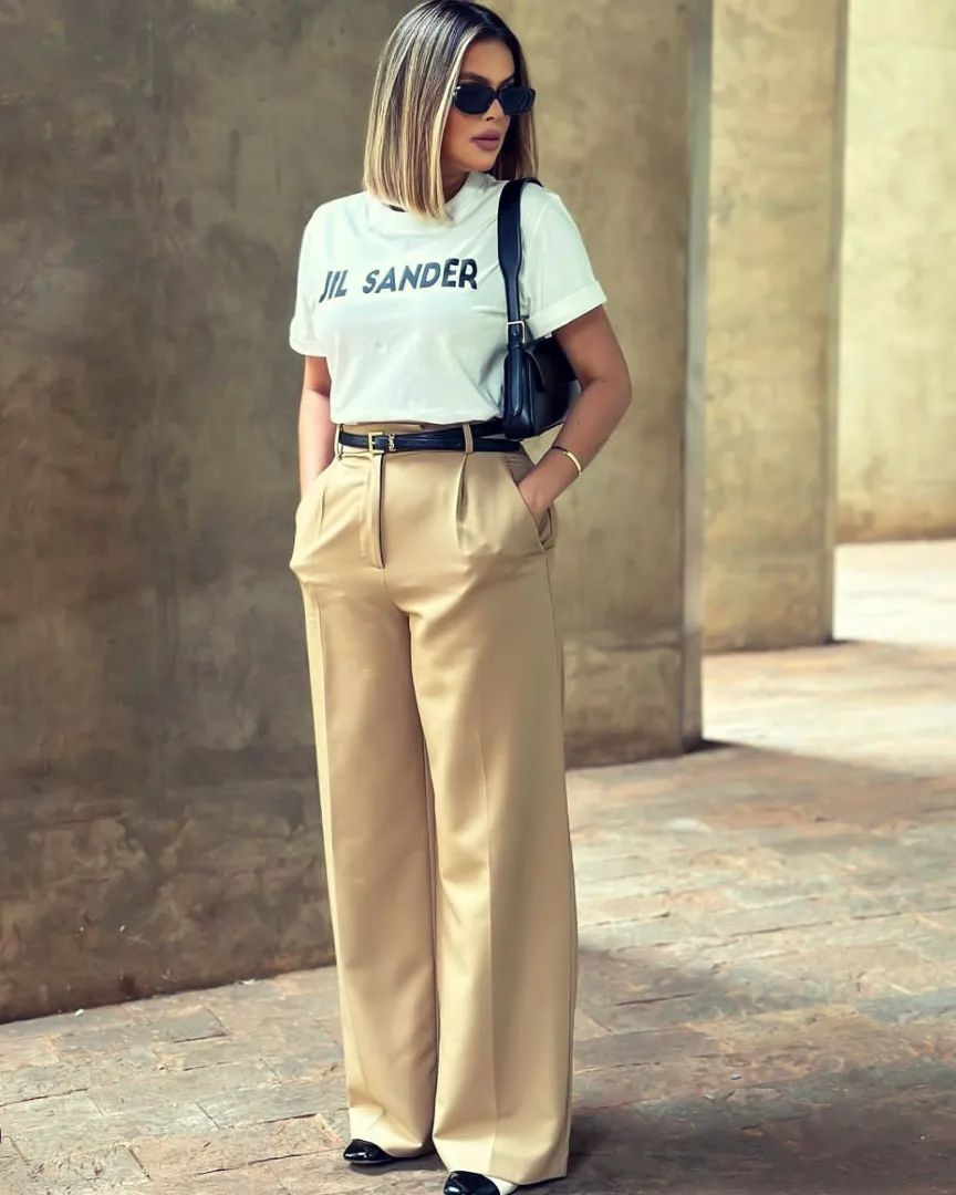 Pantalon large Beige taille haute