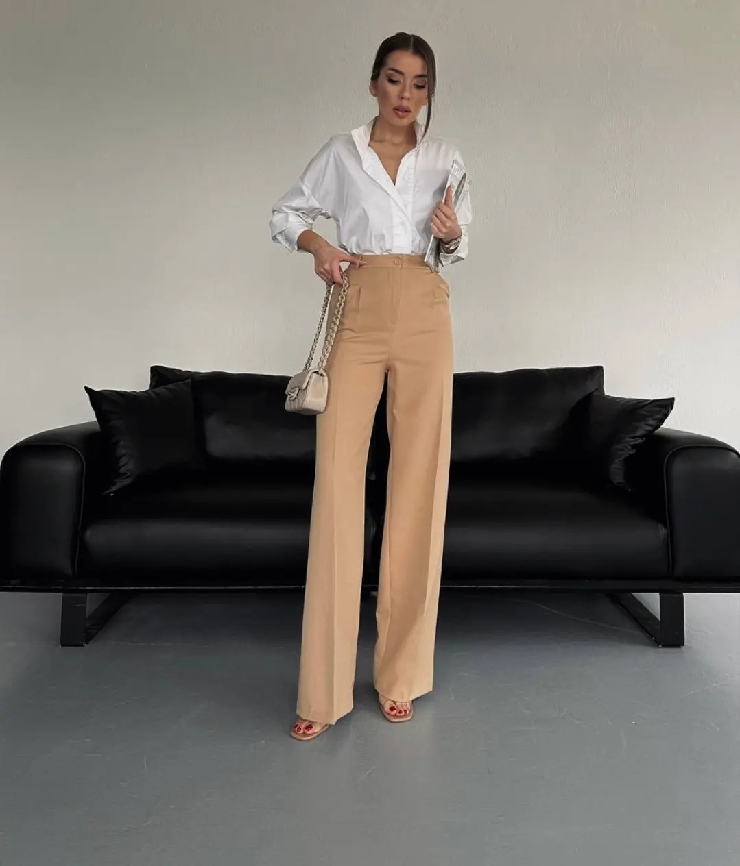 Pantalon large Beige taille haute