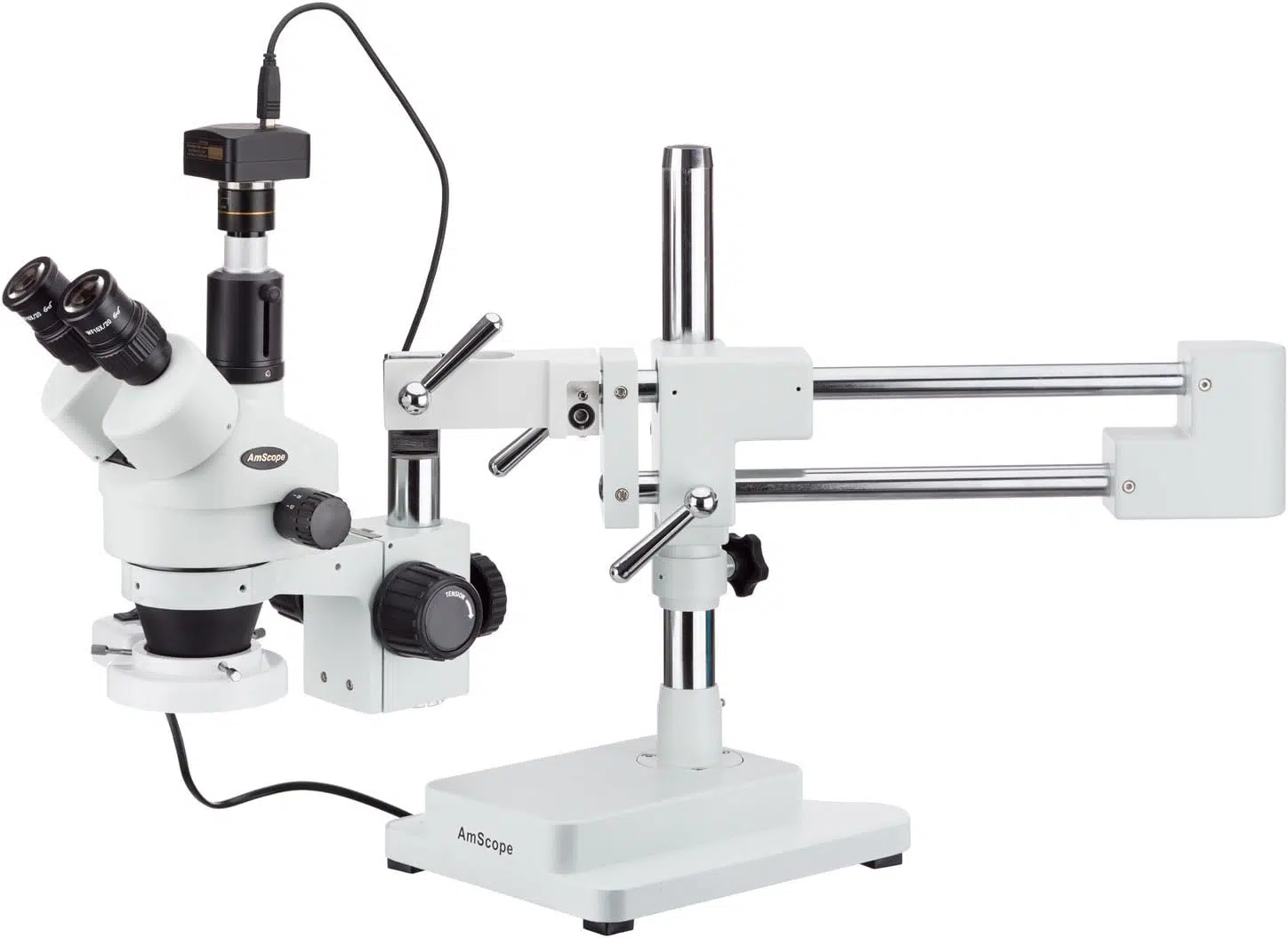Microscope stéréo trinoculaire sur double bras, port photo, anneau LED 56 lampes