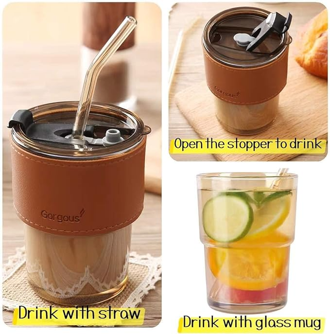 Mug stylé en verre avec paille et couvercle
