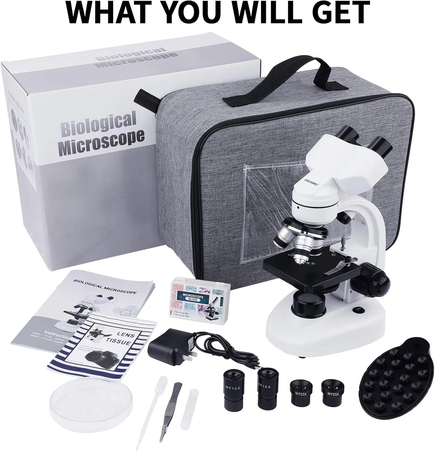 Microscope binoculaire LED USCAMEL EM‑305 40×‑1000× (jusqu’à 2500×) – oculaires 10×/25×