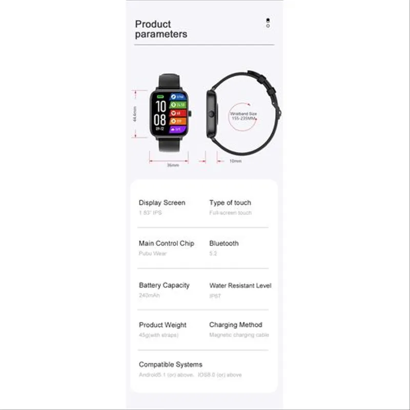 Smart watch étanche IP67 Entièrement Tactile,Fréquence Cardiaque, Bluetooth