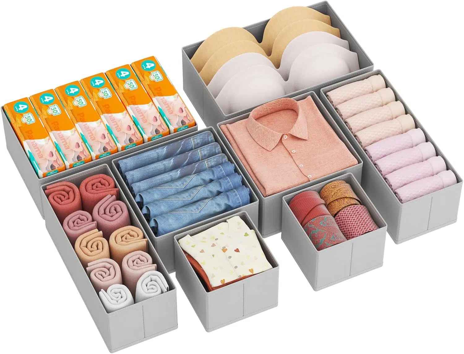 8 Organisateur Tiroir, Boite Rangement Vetement Pliable, Rangement Armoire pour Chaussettes, Cravates, Ceintures