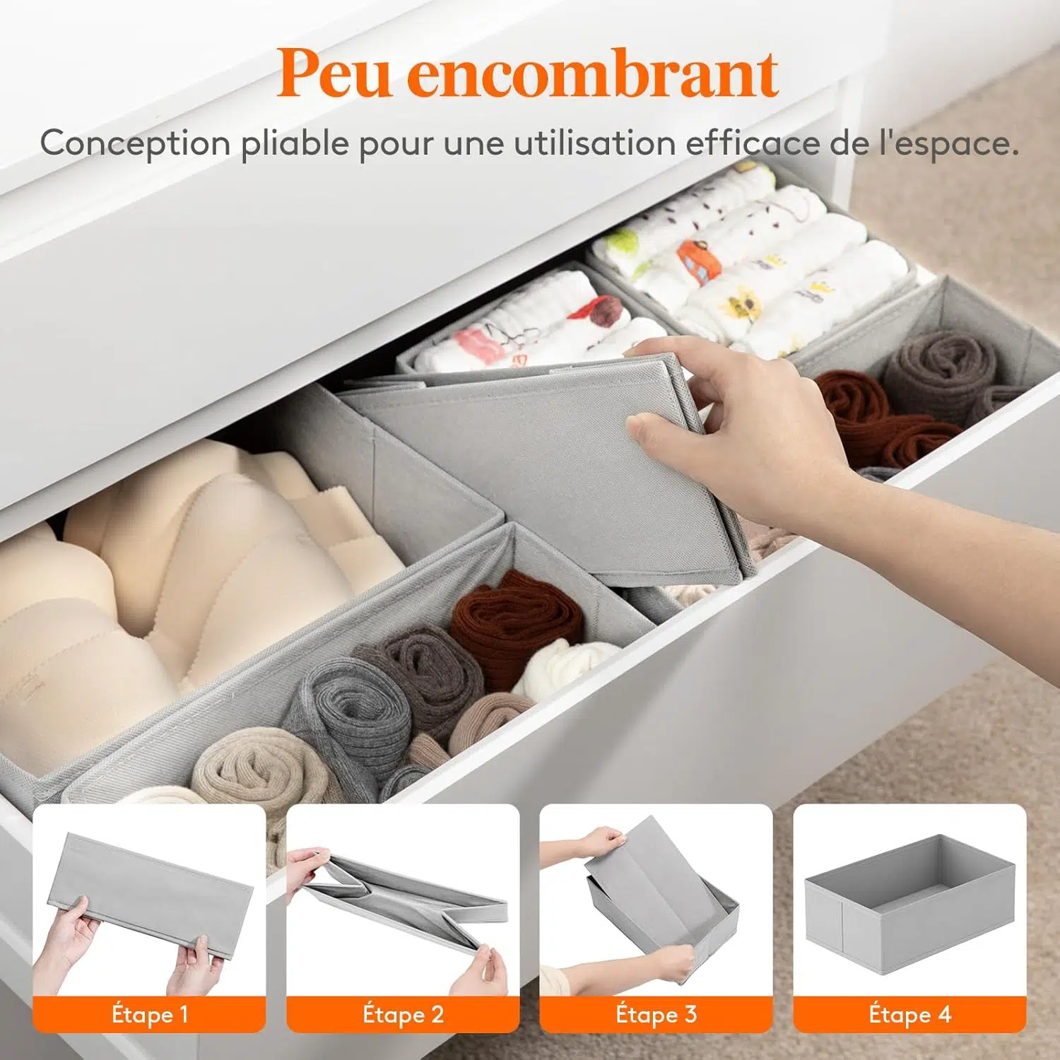 8 Organisateur Tiroir, Boite Rangement Vetement Pliable, Rangement Armoire pour Chaussettes, Cravates, Ceintures