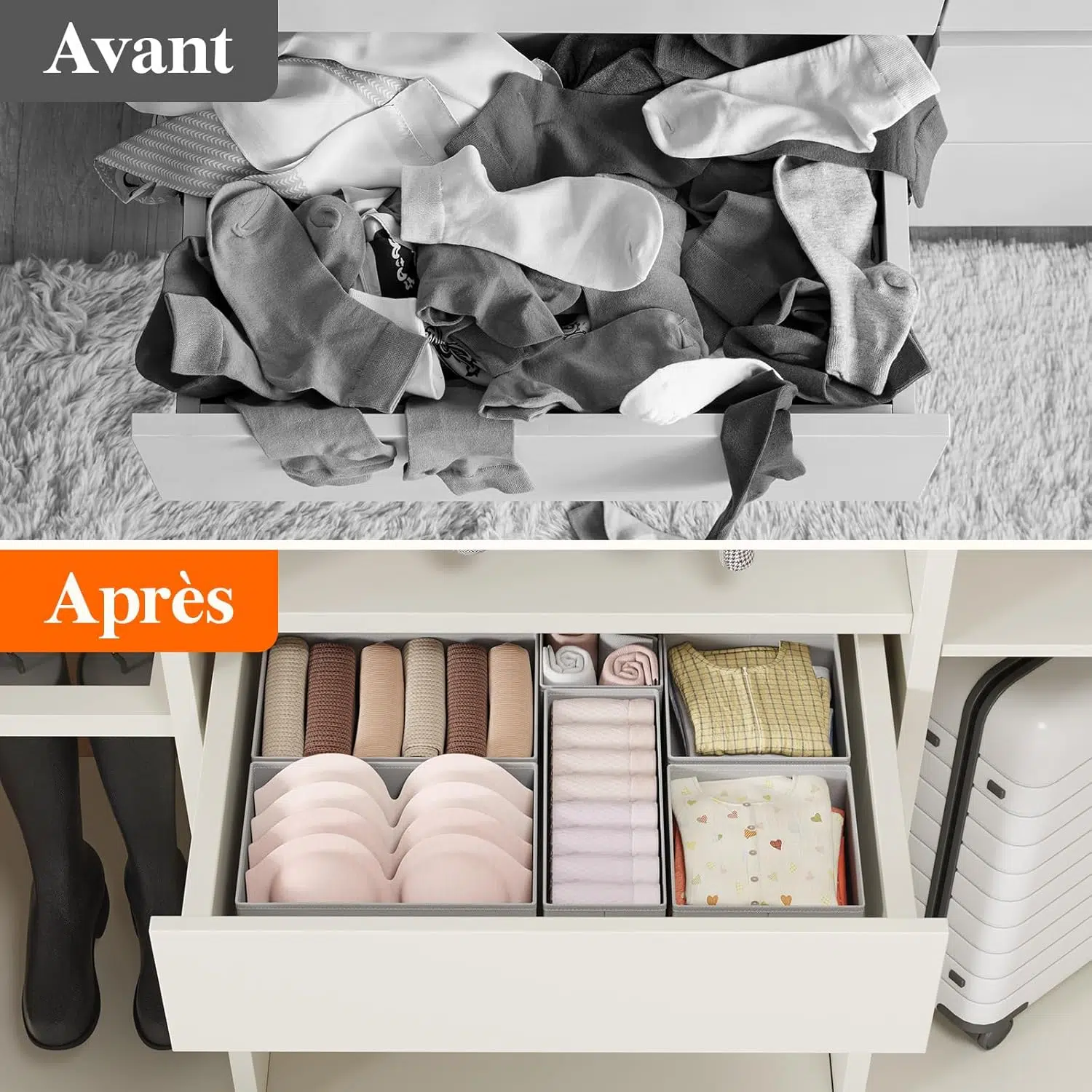 8 Organisateur Tiroir, Boite Rangement Vetement Pliable, Rangement Armoire pour Chaussettes, Cravates, Ceintures