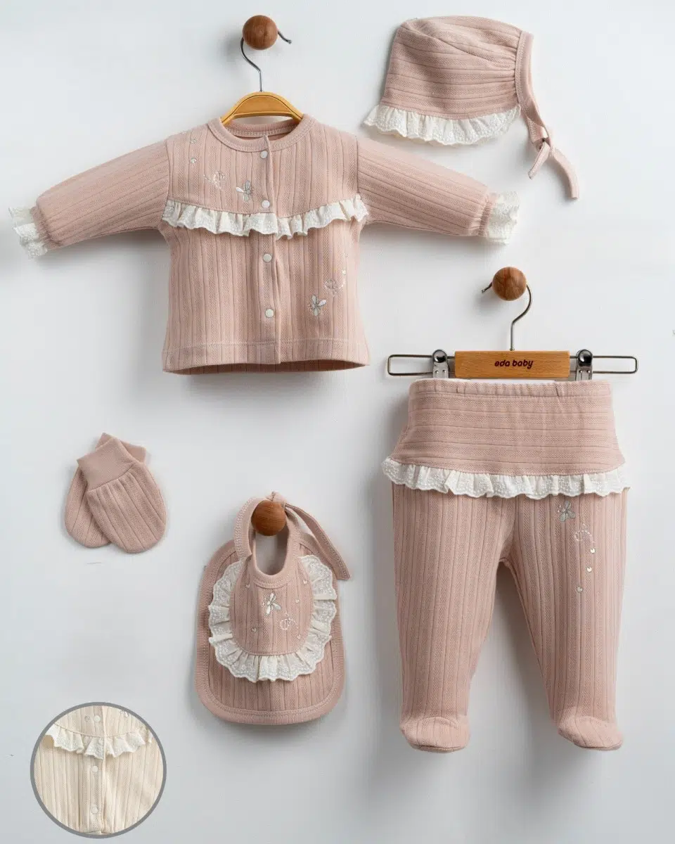 Coffret Bébé Fille 5 Pièces Rose Poudré ou Beige – Réf 7649 – (0-3 mois)