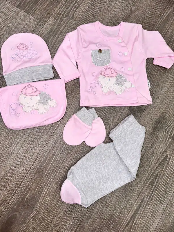 Coffret Naissance 5 Pièces 100% Coton Rose Turtles – Réf HM120 – (0-3M)