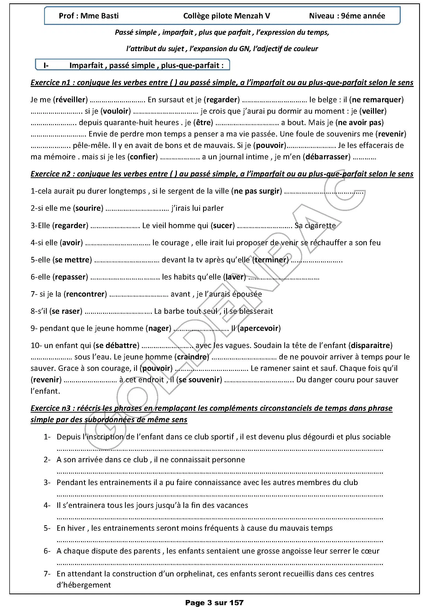Francais - toute lannée - 9ème année