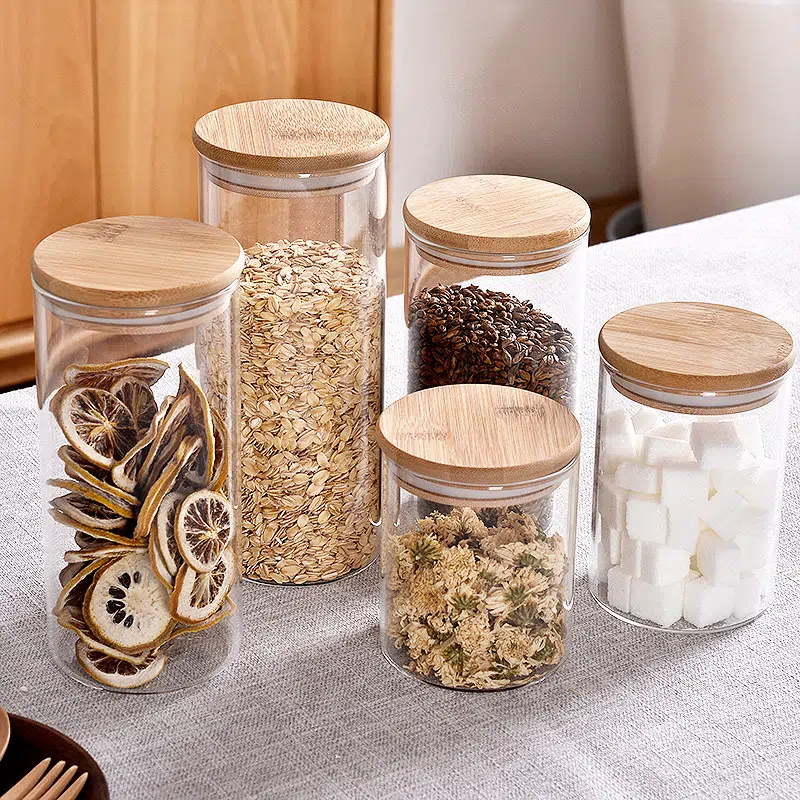 5 Boîtes hermétique en verre avec couvercle en bois