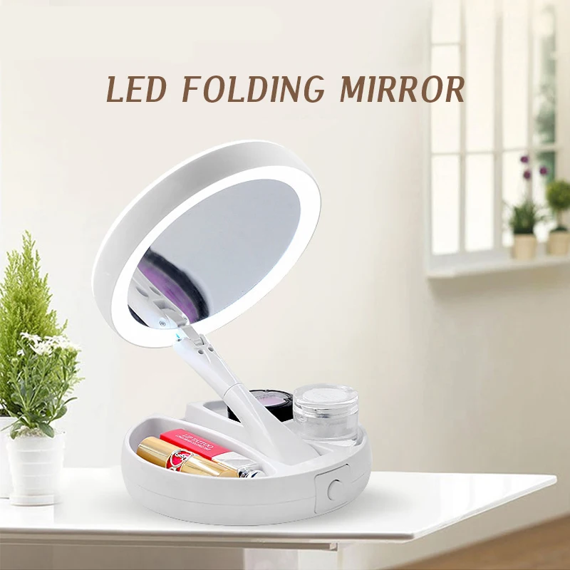 Miroir de maquillage pliable à LED USB blanc JG-988