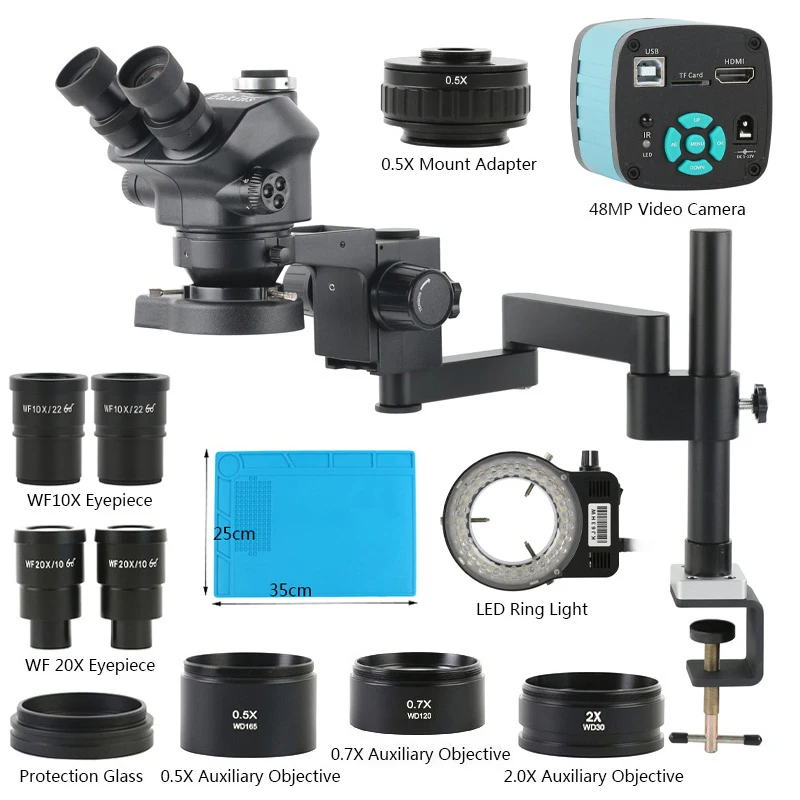Microscope Trinoculaire Stéréo 3.5-200X avec Caméras Multimédia 48MP et Supports Articulés - 4K, 2K, 1080P
