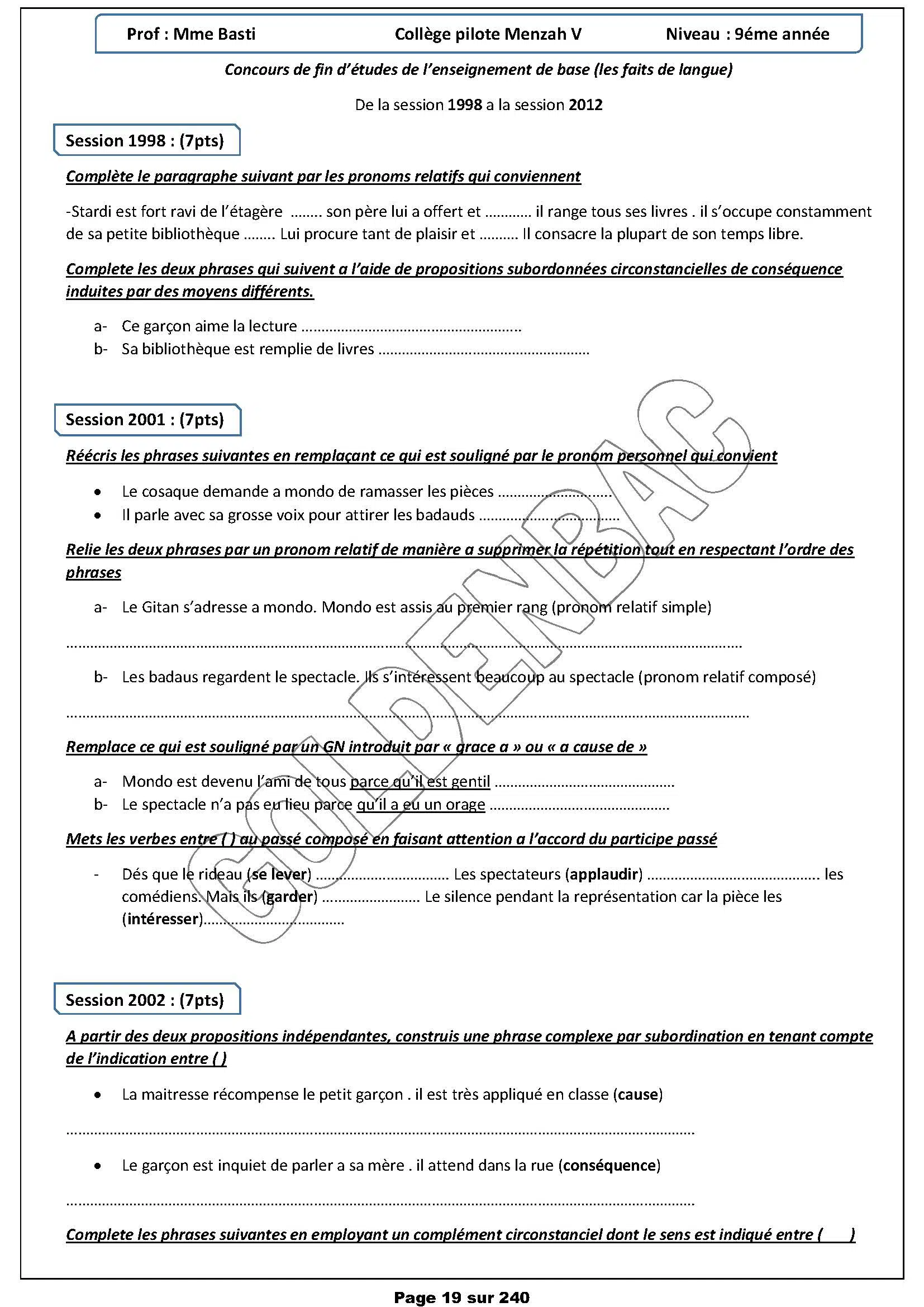 Sujets concours - 9ème année