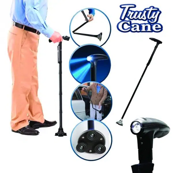 Canne de Marche Pliante avec Lumière LED, Bâton de Marche Hauteur Réglable pour Homme et Femme, Personnes Âgées, Pliable Portable