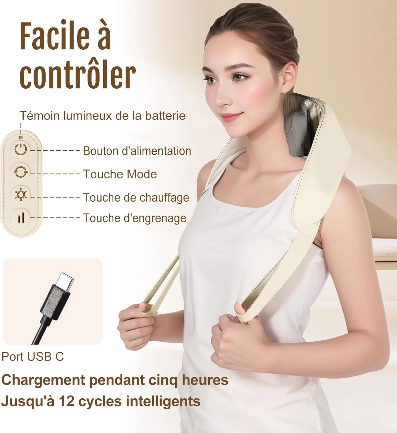 Masseur Cervical Massage Cervicales Cou et Dos et Épaules avec Chauffage, Appareil Massage Shiatsu pour Le Nuque Le Dos, Masseur De Cou 4D pour Les Tissus Profonds, sans Fil, 2 Modes