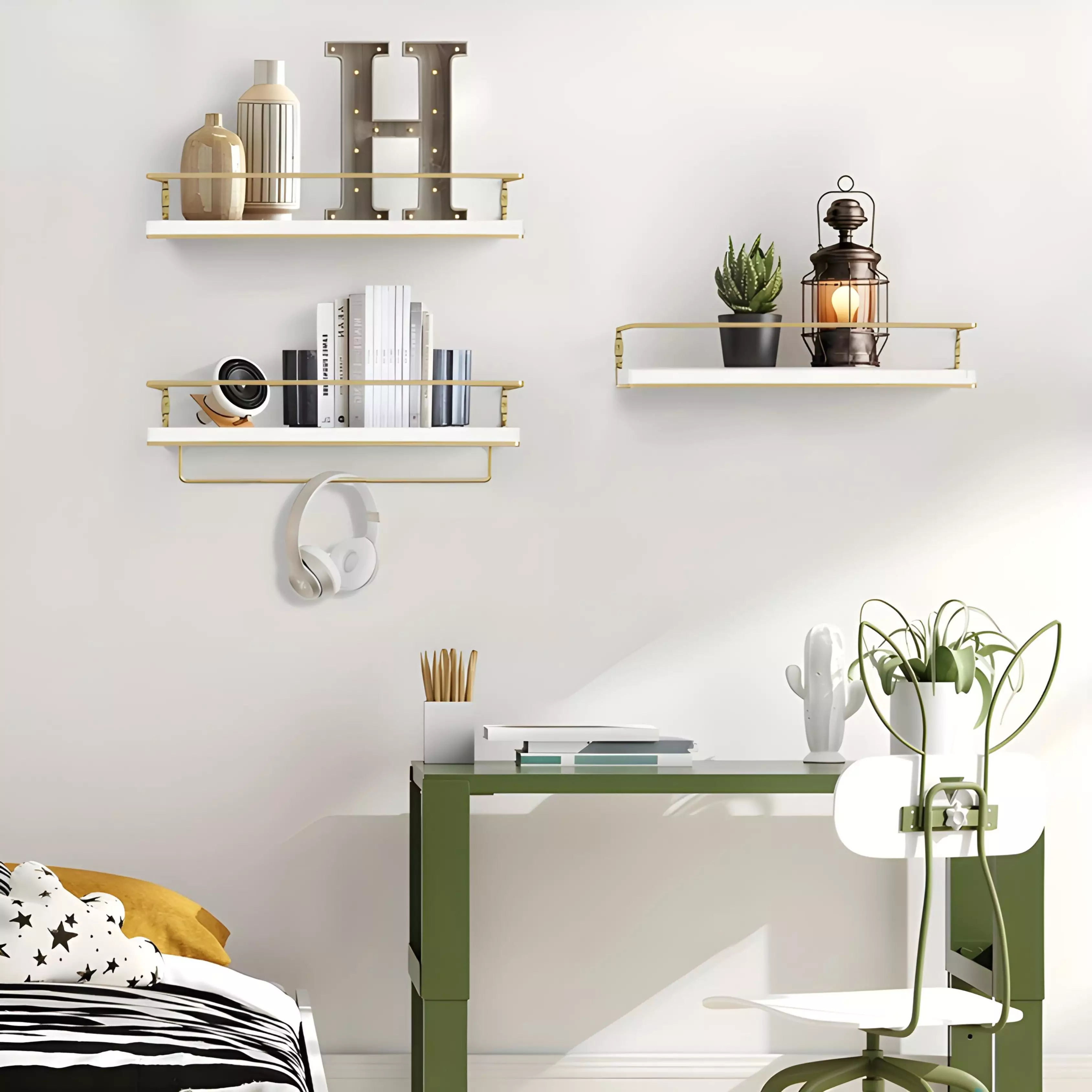 Kit De 3 Étagères Murales Modernes Dore/Dore Bois & Métal