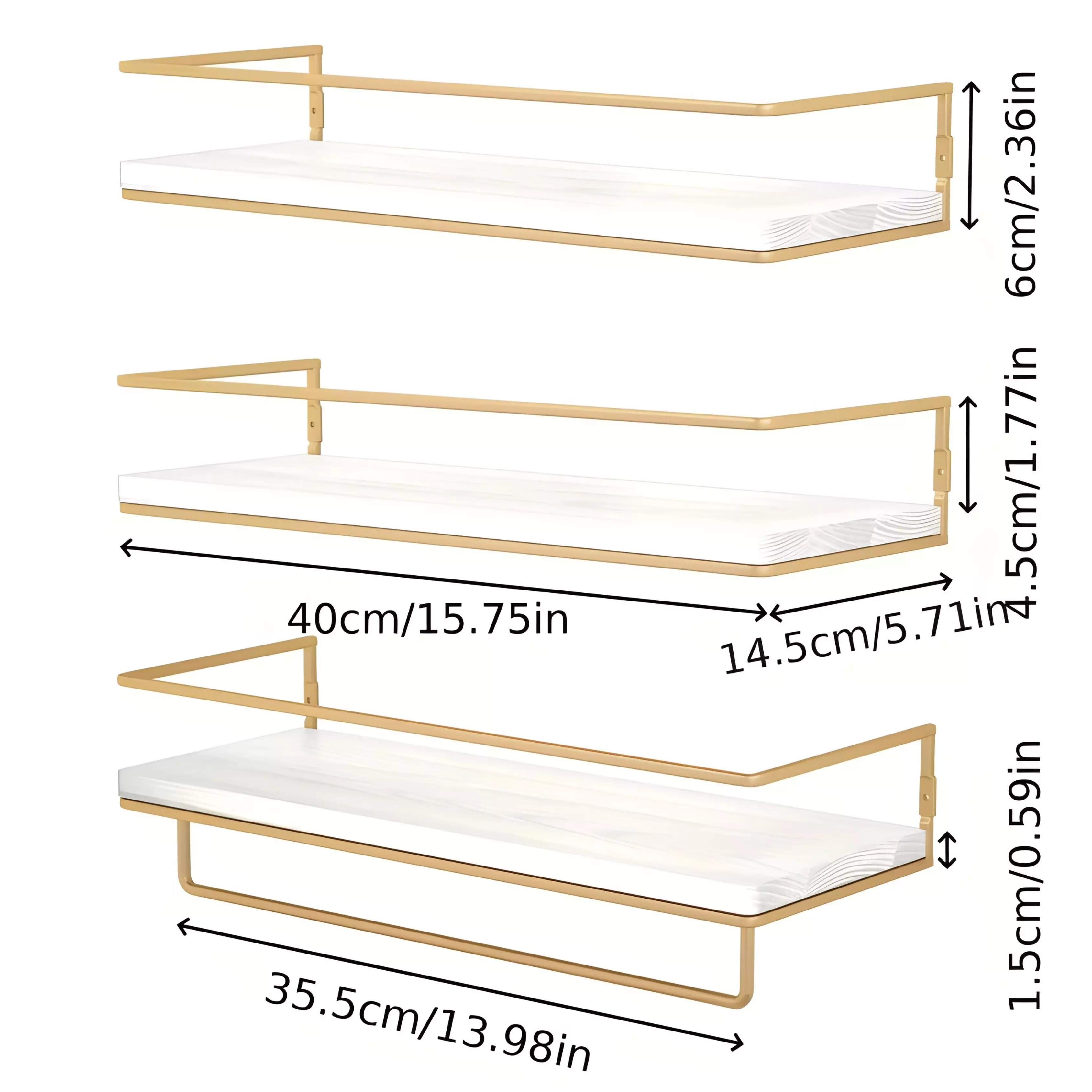 Kit De 3 Étagères Murales Modernes Dore/Dore Bois & Métal