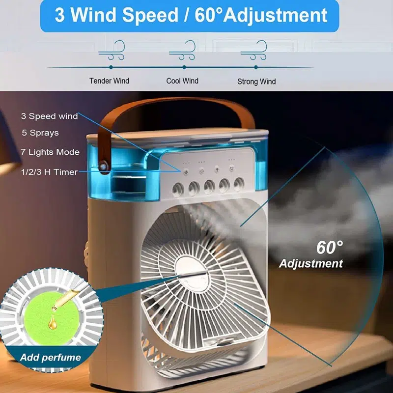 Ventilateur de climatisation portable, alimenté par USB, humidificateur dair, 7 LED, petit refroidisseur dair avec 3 vitesses, ventilateur de refroidissement ultra silencieux pour famille, voyage,