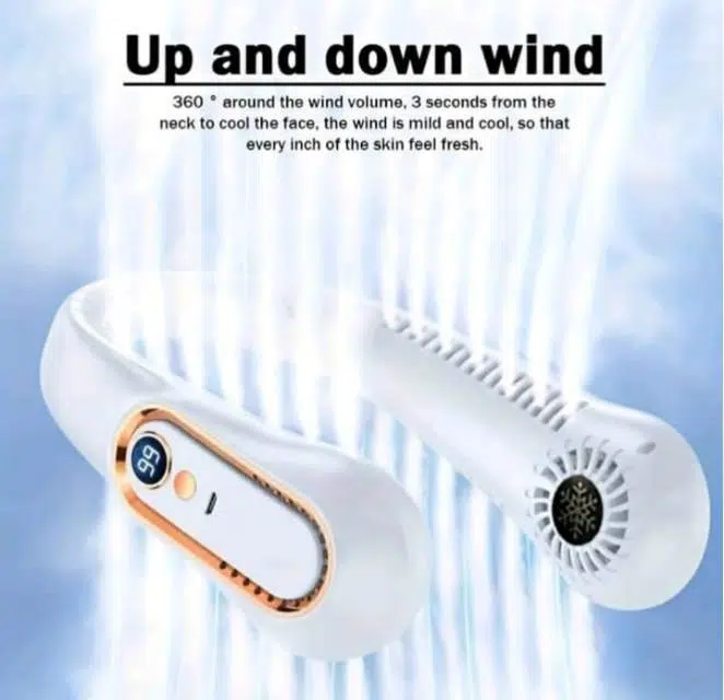 Nouveau produitVentilateur de cou portable sans pales – Air 360° – Ultra silencieux – 3 vitesses – 4000 mAh – Mains libres – Recharge USB