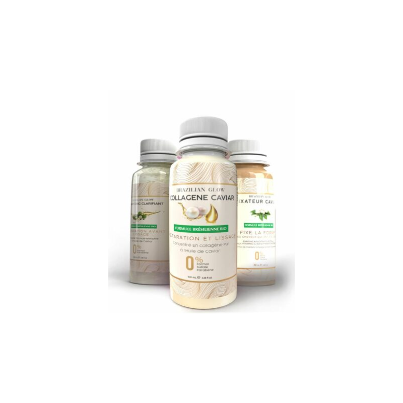 Brazilian Glow - Pack Collagène Caviar : Soins Collagène 100ml + Shampoing Clarifiant 60ml + Masque Fixateur 60ml