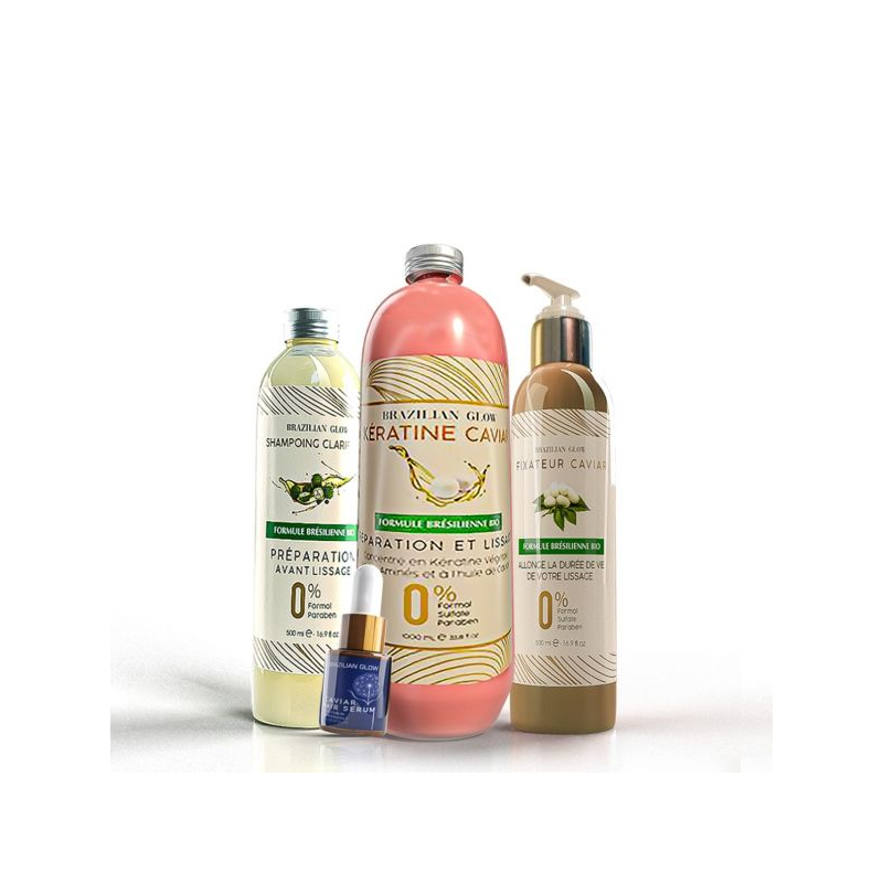 Brazilian Glow - Pack Kératine 1L : Soins Kératine 1L + Shampoing Clarifiant 500ml + Masque Fixateur 500ml + Sérum 15ml