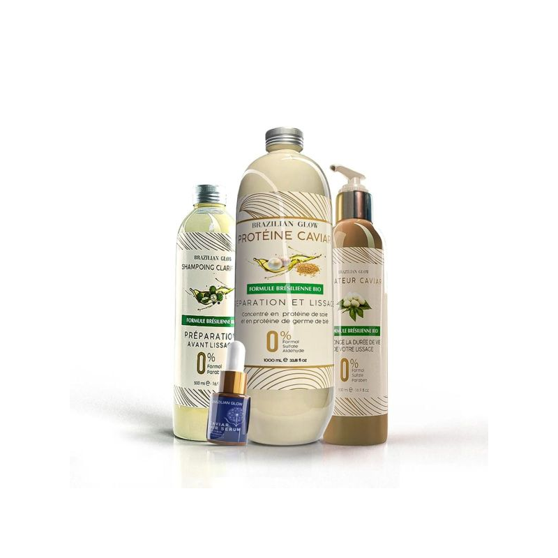 Brazilian Glow - Pack Protéine 1L : Soins Protéine 1L + Shampoing Clarifiant 500ml + Masque Fixateur 500ml + Sérum 15ml