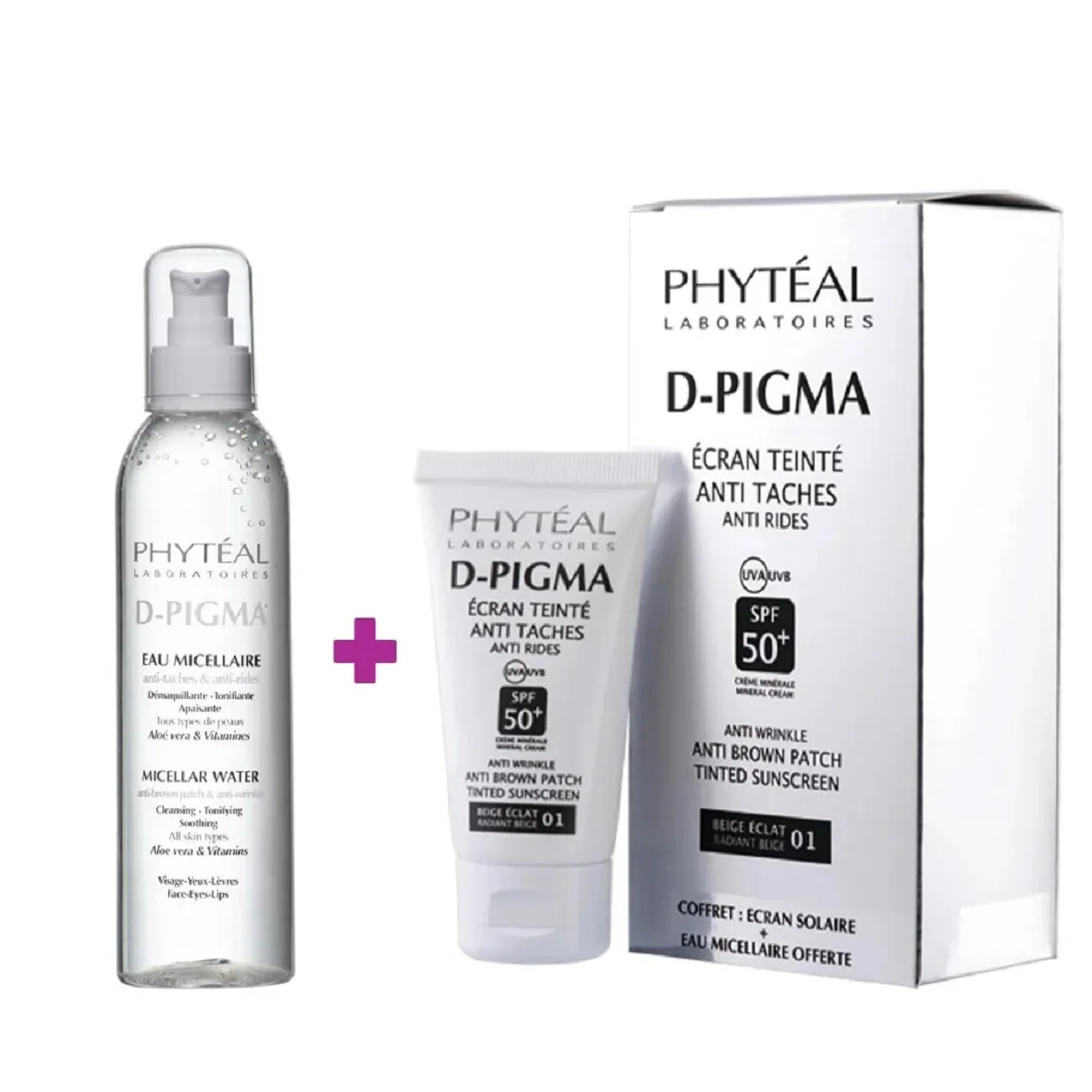 PHYTEAL D PIGMA ECRAN TEINTÉ BEIGE ECLAT SPF50+ 50ML + D PIGMA EAU MICELLAIRE A L’ALOE VERA 250ML OFFERTE