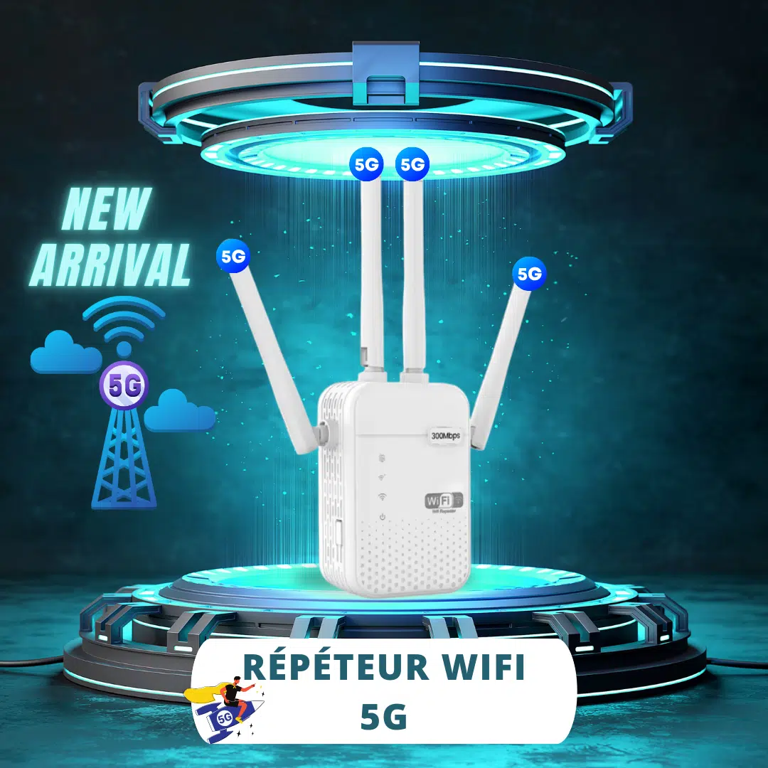 Répéteur wifi 5G Puissant, Amplificateur WiFi 1200Mbps Double Bande 5GHz/2.4GHz, Répéteur WiFi 4 Antennes, 2 Ports LAN, Wifi Extendeur Compatible avec Toutes Les Box Internet