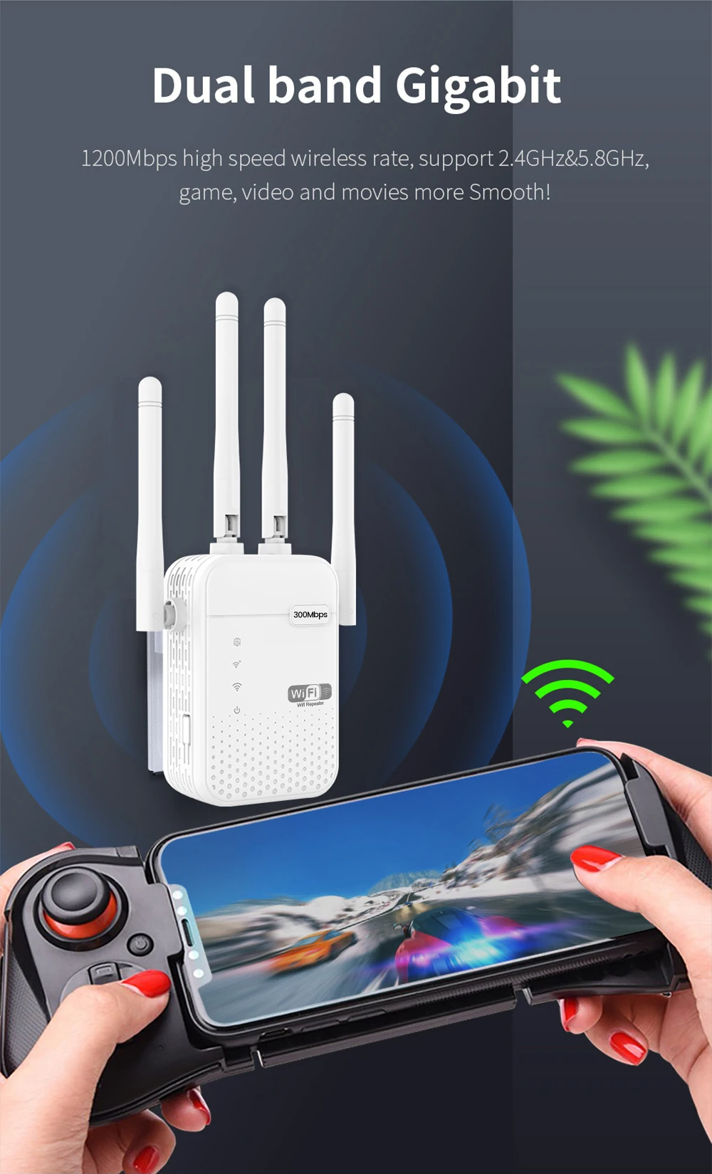 Répéteur wifi 5G Puissant, Amplificateur WiFi 1200Mbps Double Bande 5GHz/2.4GHz, Répéteur WiFi 4 Antennes, 2 Ports LAN, Wifi Extendeur Compatible avec Toutes Les Box Internet
